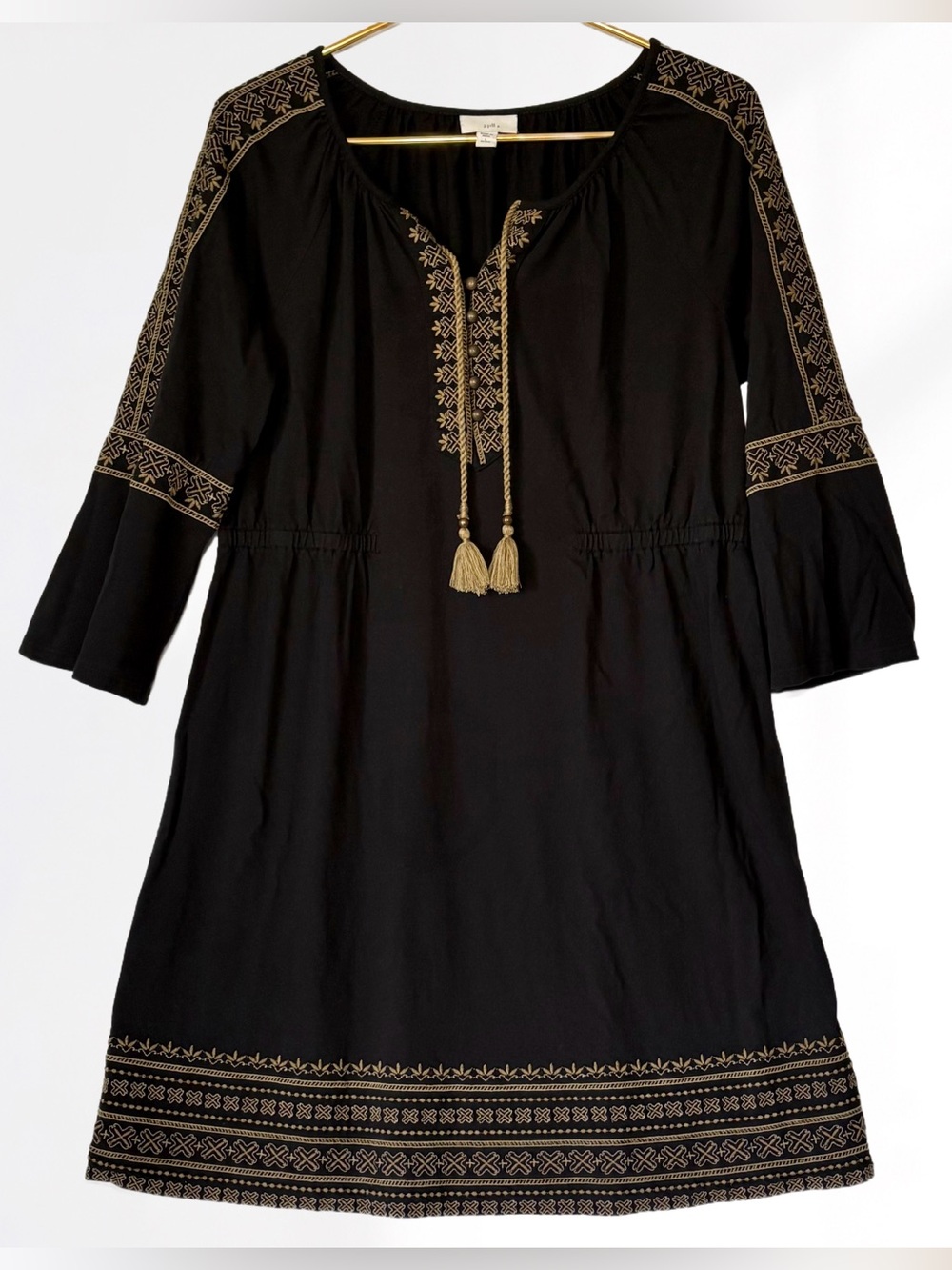 J. Jill Boho Embroidered Peasant Dress Size L Petite Black 3/4 Sleeve Tassels